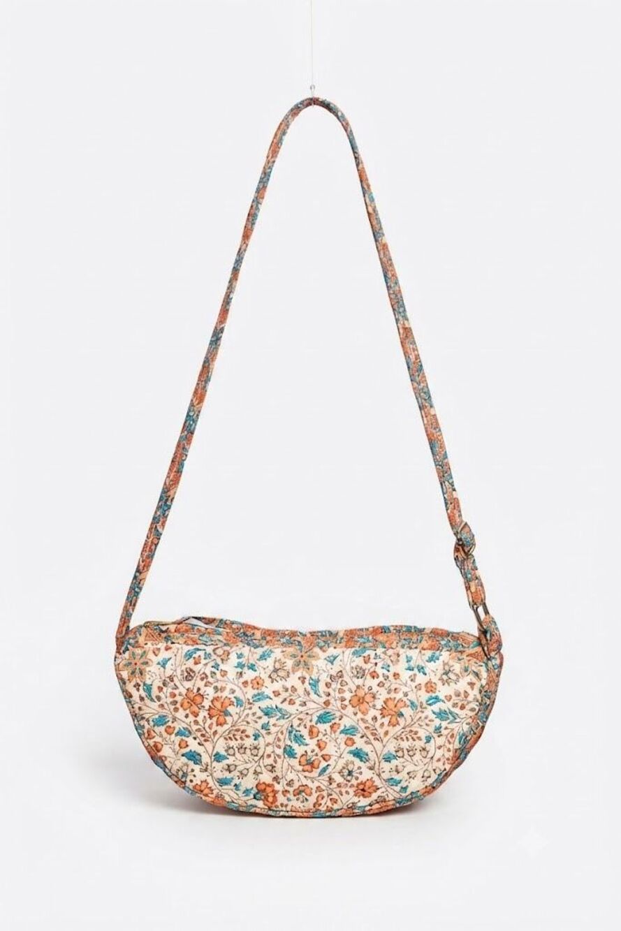 #278. POL Cream/Yellow Boho Artisan Quilted Crescent Boat Crossbody Bag